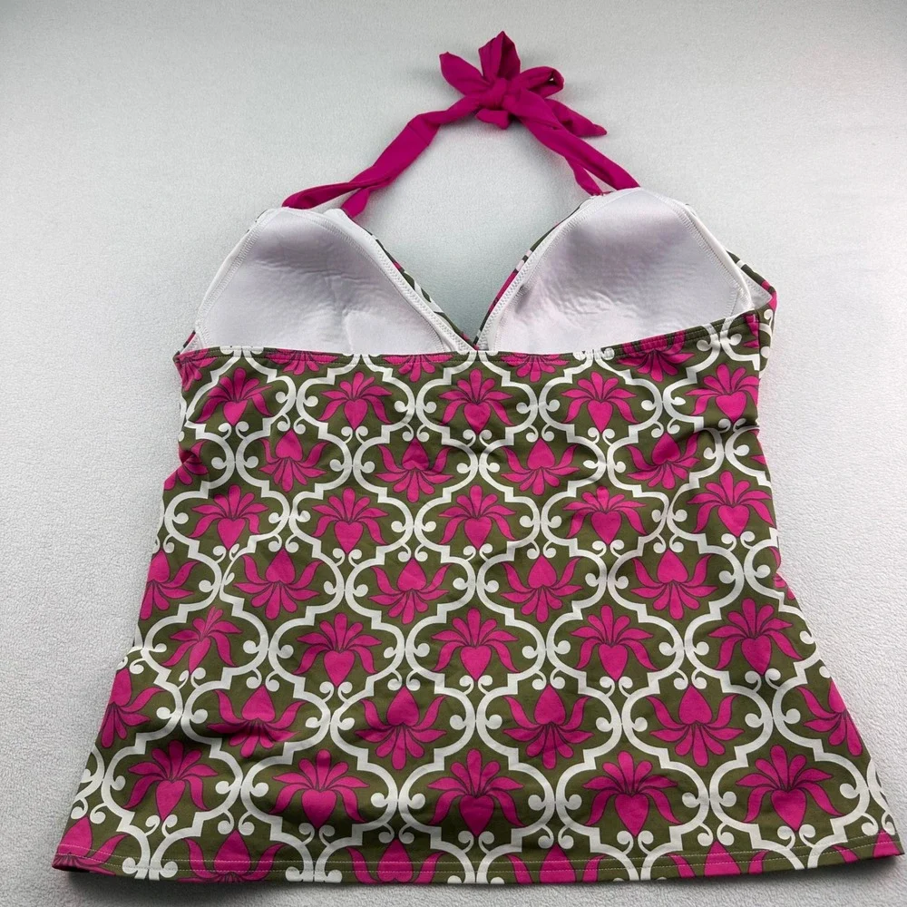 Lands End‎ Tankini Swim Top Womens Sz Lg Pink Olive Green Floral Damask Halter